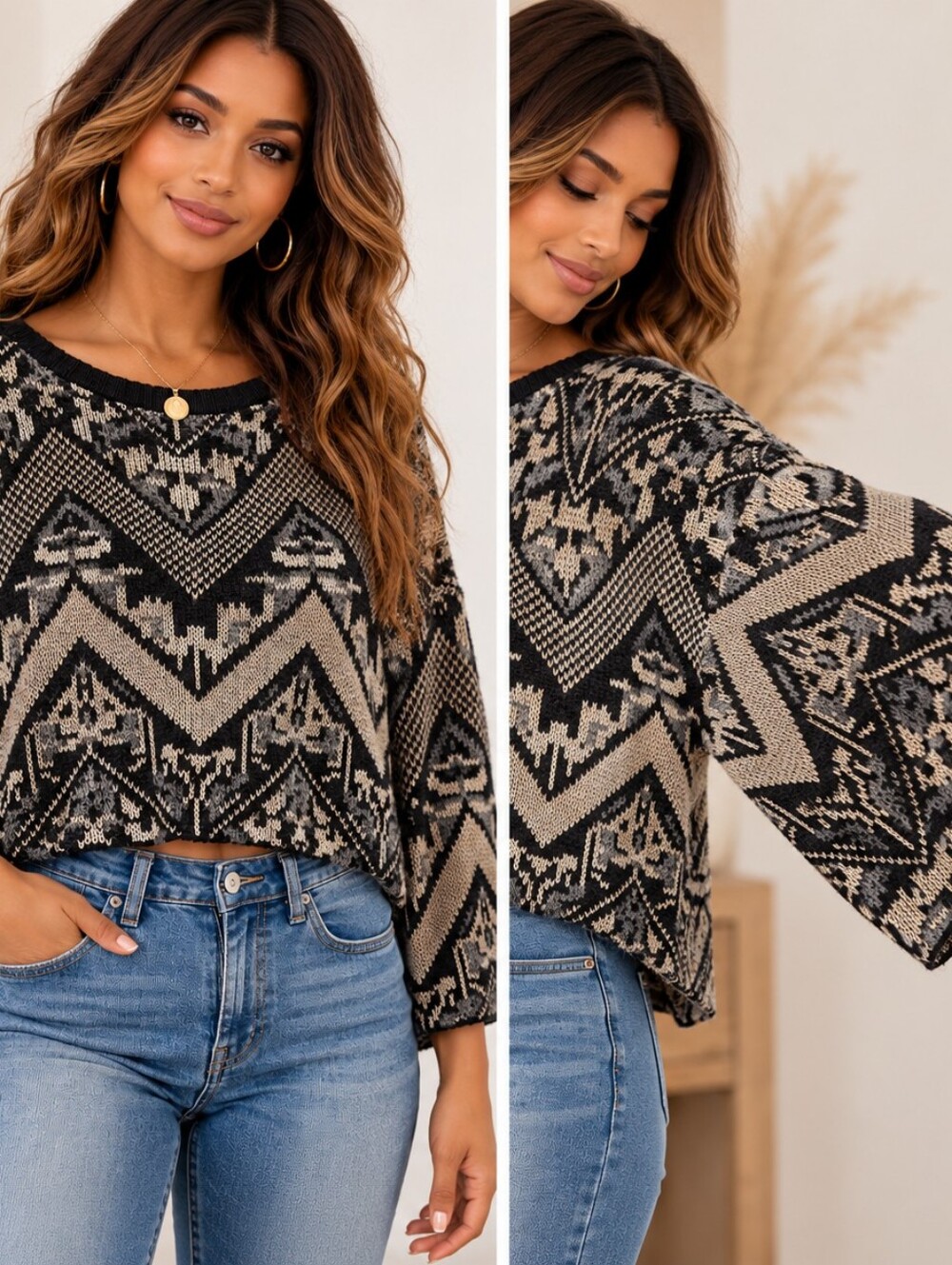 Free People Geometric Cropped Sweater Bell Sleeve Boho Tribal Aztec Wool Y2K XL
